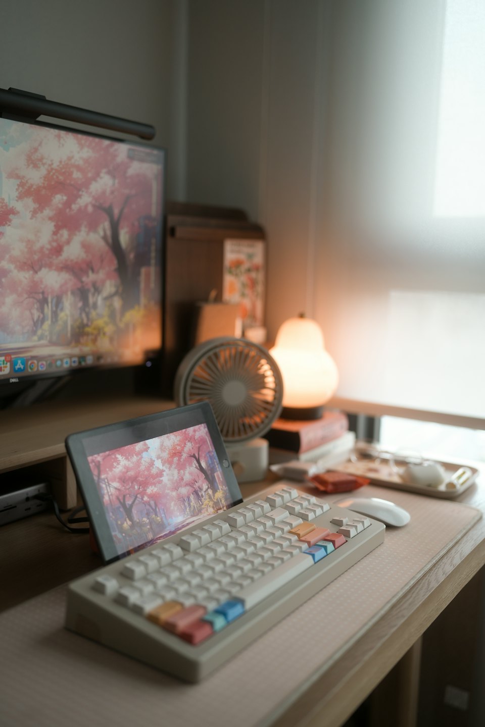Computer and tablet with anime art on a wooden desk.
